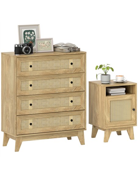 HOMCOM Chest of Drawer with 4 Rattan Drawers, Beside Table with Door, Natural - pic 183524 | FastDaddyshop