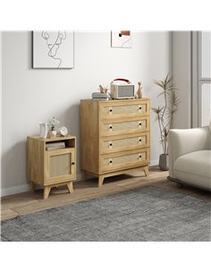 HOMCOM Chest of Drawer with 4 Rattan Drawers, Beside Table with Door, Natural 2