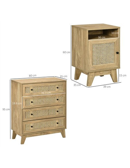 HOMCOM Chest of Drawer with 4 Rattan Drawers, Beside Table with Door, Natural - pic 183526 | FastDaddyshop