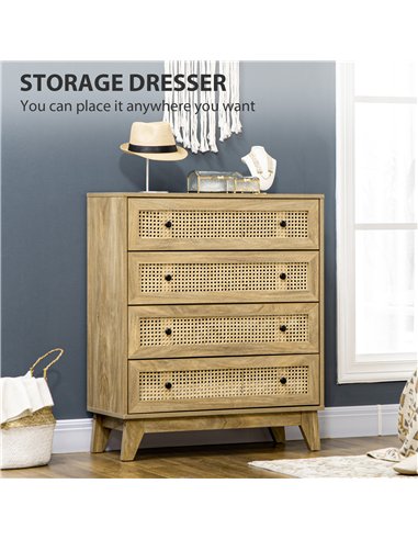HOMCOM Chest of Drawer with 4 Rattan Drawers, Beside Table with Door, Natural