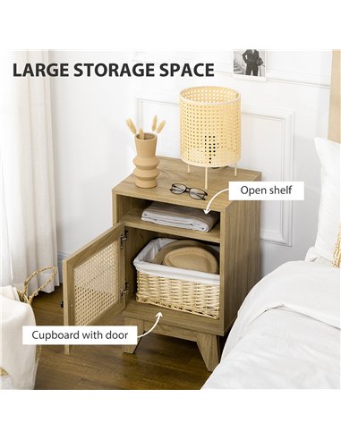 HOMCOM Chest of Drawer with 4 Rattan Drawers, Beside Table with Door, Natural