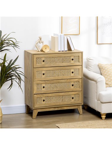 HOMCOM Chest of Drawer with 4 Rattan Drawers, Beside Table with Door, Natural