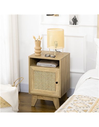 HOMCOM Chest of Drawer with 4 Rattan Drawers, Beside Table with Door, Natural