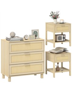 HOMCOM Chest of Drawer and Nightstands, Boho Rattan Furniture Set, Nature Wood Finish