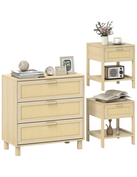 HOMCOM Chest of Drawer and Nightstands, Boho Rattan Furniture Set, Nature Wood Finish - pic 183542 | FastDaddyshop