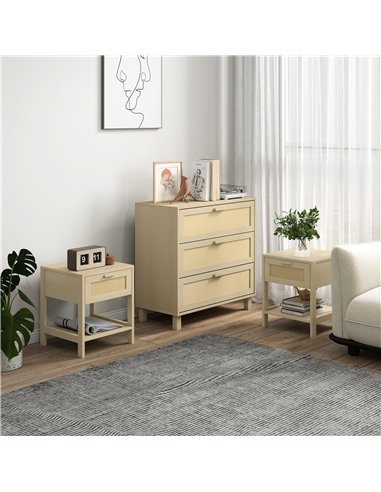 HOMCOM Chest of Drawer and Nightstands, Boho Rattan Furniture Set, Nature Wood Finish