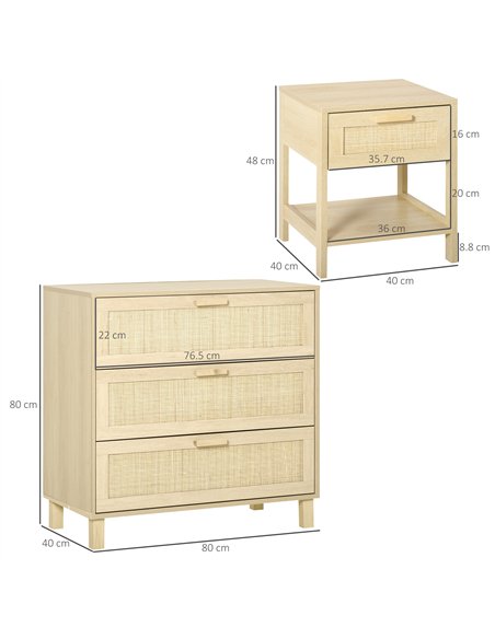 HOMCOM Chest of Drawer and Nightstands, Boho Rattan Furniture Set, Nature Wood Finish - pic 183544 | FastDaddyshop