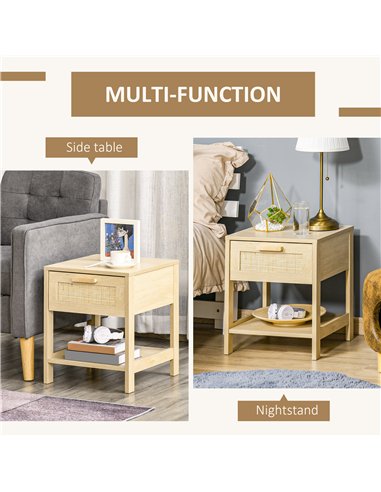 HOMCOM Chest of Drawer and Nightstands, Boho Rattan Furniture Set, Nature Wood Finish