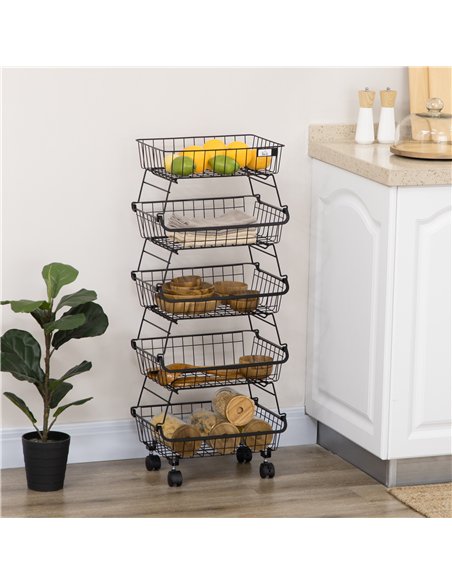 HOMCOM 5 Tier Storage Trolley, Stackable Fruit Vegetable Cart for Kitchen, Living Room, 40 x 2 x 97 cm, Black - pic 183552 | FastDaddyshop