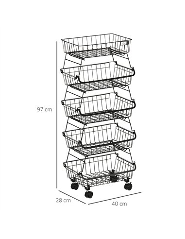 HOMCOM 5 Tier Storage Trolley, Stackable Fruit Vegetable Cart for Kitchen, Living Room, 40 x 2 x 97 cm, Black