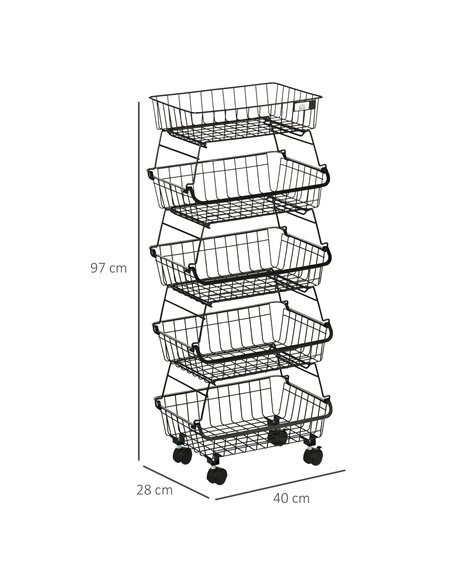 HOMCOM 5 Tier Storage Trolley, Stackable Fruit Vegetable Cart for Kitchen, Living Room, 40 x 2 x 97 cm, Black - pic 183553 | FastDaddyshop