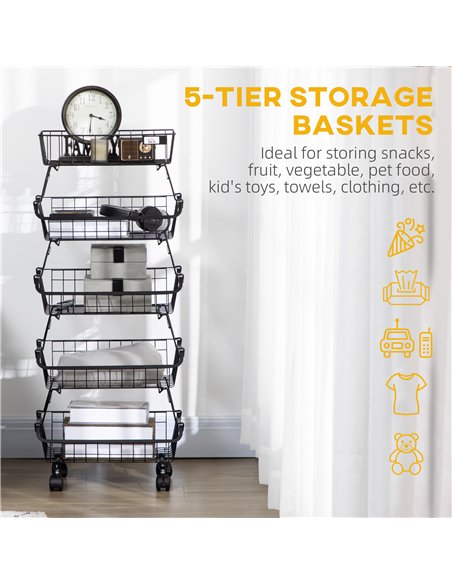 HOMCOM 5 Tier Storage Trolley, Stackable Fruit Vegetable Cart for Kitchen, Living Room, 40 x 2 x 97 cm, Black - pic 183554 | FastDaddyshop