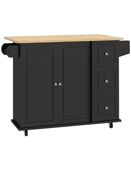 HOMCOM Kitchen Island with Drop Leaf, Rolling Kitchen Storage Trolley on Wheels with 3 Drawers, Black - pic 183560 | FastDaddyshop
