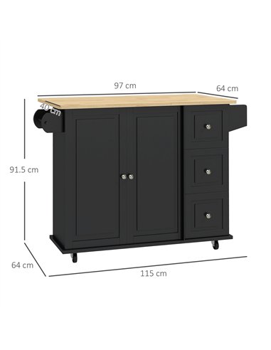HOMCOM Kitchen Island with Drop Leaf, Rolling Kitchen Storage Trolley on Wheels with 3 Drawers, Black