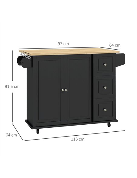 HOMCOM Kitchen Island with Drop Leaf, Rolling Kitchen Storage Trolley on Wheels with 3 Drawers, Black - pic 183562 | FastDaddyshop