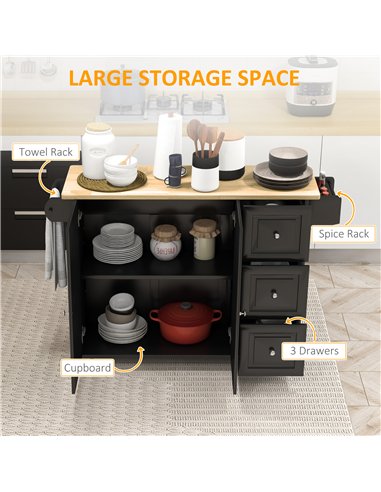 HOMCOM Kitchen Island with Drop Leaf, Rolling Kitchen Storage Trolley on Wheels with 3 Drawers, Black