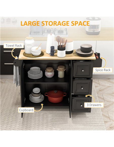 HOMCOM Kitchen Island with Drop Leaf, Rolling Kitchen Storage Trolley on Wheels with 3 Drawers, Black - pic 183563 | FastDaddyshop