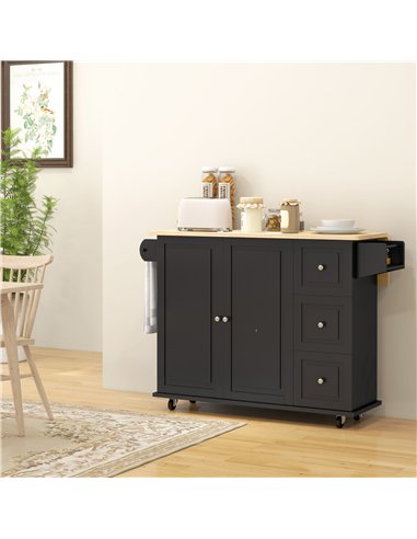 HOMCOM Kitchen Island with Drop Leaf, Rolling Kitchen Storage Trolley on Wheels with 3 Drawers, Black