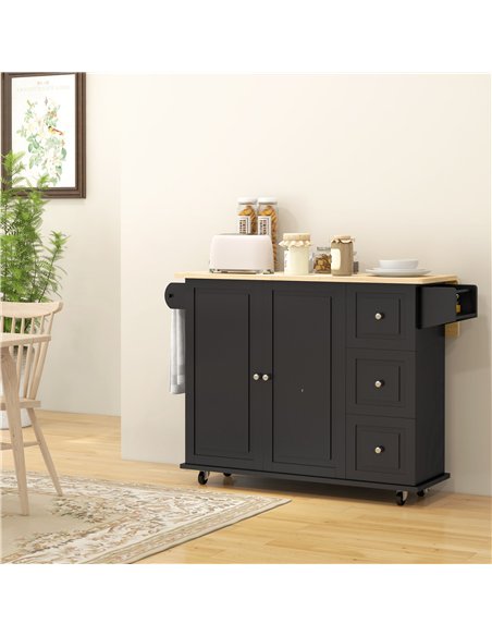 HOMCOM Kitchen Island with Drop Leaf, Rolling Kitchen Storage Trolley on Wheels with 3 Drawers, Black - pic 183567 | FastDaddyshop