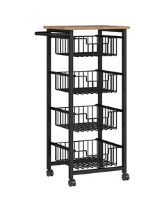 HOMCOM Four Basket Mobile Kitchen Island, with Brakes - Oak/Black