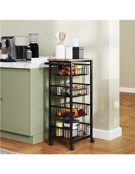 HOMCOM Four Basket Mobile Kitchen Island, with Brakes - Oak/Black - pic 183570 | FastDaddyshop