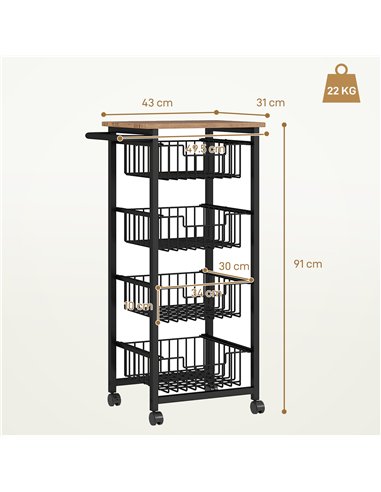 HOMCOM Four Basket Mobile Kitchen Island, with Brakes - Oak/Black