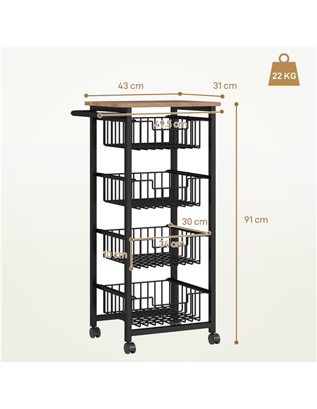 HOMCOM Four Basket Mobile Kitchen Island, with Brakes - Oak/Black - pic 183571 | FastDaddyshop