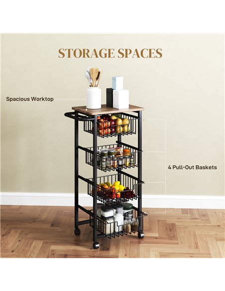 HOMCOM Four Basket Mobile Kitchen Island, with Brakes - Oak/Black - pic 183572 | FastDaddyshop