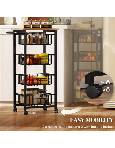 HOMCOM Four Basket Mobile Kitchen Island, with Brakes - Oak/Black - pic 183573 | FastDaddyshop