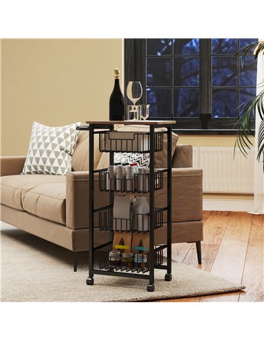HOMCOM Four Basket Mobile Kitchen Island, with Brakes - Oak/Black