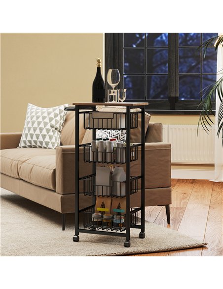 HOMCOM Four Basket Mobile Kitchen Island, with Brakes - Oak/Black - pic 183574 | FastDaddyshop