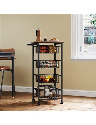 HOMCOM Four Basket Mobile Kitchen Island, with Brakes - Oak/Black