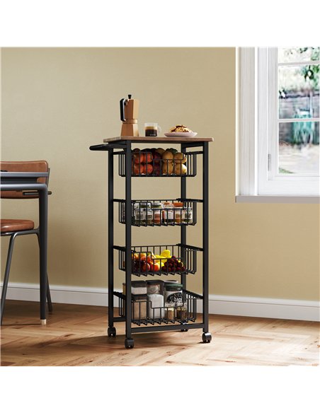 HOMCOM Four Basket Mobile Kitchen Island, with Brakes - Oak/Black - pic 183575 | FastDaddyshop