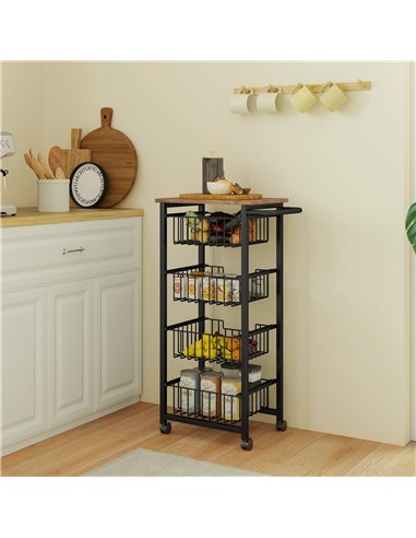 HOMCOM Four Basket Mobile Kitchen Island, with Brakes - Oak/Black