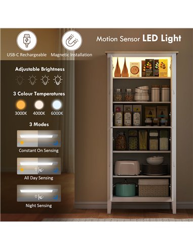 HOMCOM 176.5 cm Tall Pantry Cupboard with Motion Sensor LED Light - White