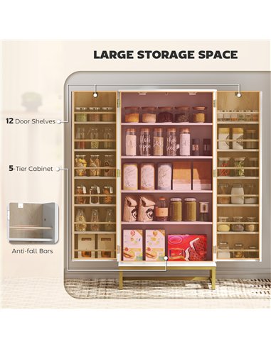 HOMCOM 119.5 cm Kitchen Cupboard, Freestanding Kitchen Cabinet with Double Doors, 5 Tiers, 12 Spice Racks, White