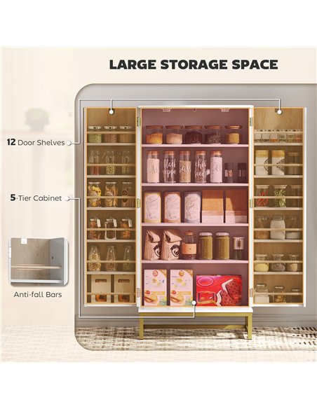 HOMCOM 119.5 cm Kitchen Cupboard, Freestanding Kitchen Cabinet with Double Doors, 5 Tiers, 12 Spice Racks, White - pic 183599 | FastDaddyshop