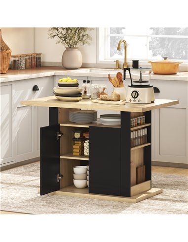 HOMCOM Kitchen Island with Spice Rack, Kitchen Storage with Large Tabletop for 4 People, Adjustable Shelves Black & Natural