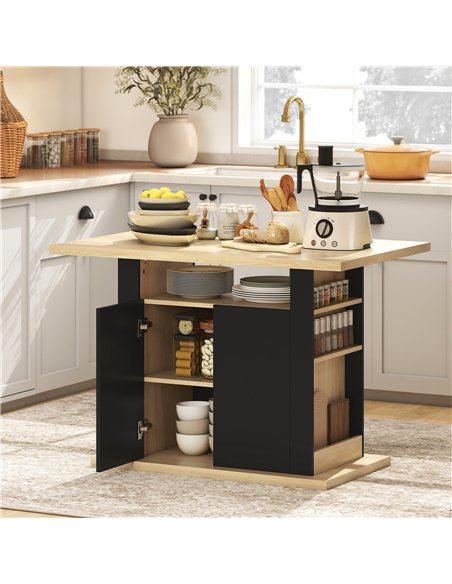 HOMCOM Kitchen Island with Spice Rack, Kitchen Storage with Large Tabletop for 4 People, Adjustable Shelves Black & Natural - pic 183606 | FastDaddyshop