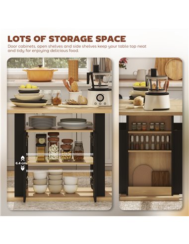 HOMCOM Kitchen Island with Spice Rack, Kitchen Storage with Large Tabletop for 4 People, Adjustable Shelves Black & Natural