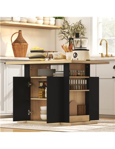 HOMCOM Kitchen Island with Spice Rack, Kitchen Storage with Large Tabletop for 4 People, Adjustable Shelves Black & Natural