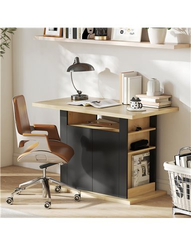 HOMCOM Kitchen Island with Spice Rack, Kitchen Storage with Large Tabletop for 4 People, Adjustable Shelves Black & Natural