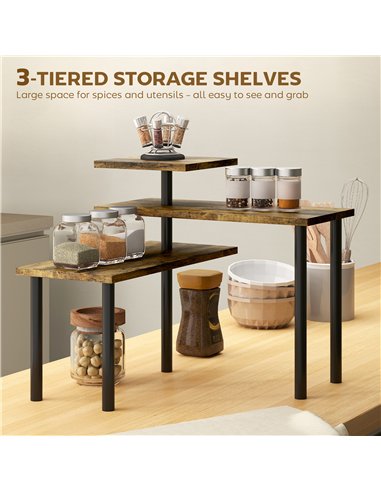 HOMCOM 3-Tier Kitchen Countertop Organiser, Adjustable Spice Rack, Corner Shelf for Kitchen, Coffee Bar, Bathroom, Rustic Brown