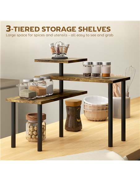 HOMCOM 3-Tier Kitchen Countertop Organiser, Adjustable Spice Rack, Corner Shelf for Kitchen, Coffee Bar, Bathroom, Rustic Brown - pic 183617 | FastDaddyshop