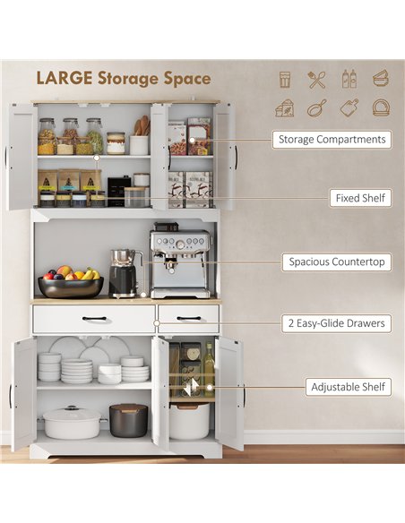 HOMCOM 175 cm Tall Kitchen Pantry Cabinet with Microwave Stand, Freestanding Pantry Cupboard, White - pic 183626 | FastDaddyshop