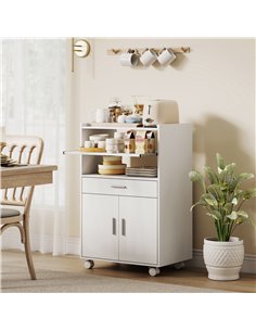 HOMCOM Kitchen Trolley with Wheels, Modern Mobile Microwave Stand with Slide-Out Shelf, Drawer and 2 Doors for Dining Room 2