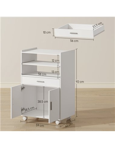 HOMCOM Kitchen Trolley with Wheels, Modern Mobile Microwave Stand with Slide-Out Shelf, Drawer and 2 Doors for Dining Room