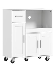 HOMCOM Rolling Kitchen Cart, Microwave Cabinet with Sliding Tray, Drawer, 3-Door Cupboards, Adjustable Shelf, White