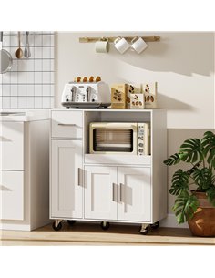 HOMCOM Rolling Kitchen Cart, Microwave Cabinet with Sliding Tray, Drawer, 3-Door Cupboards, Adjustable Shelf, White 2