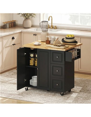 HOMCOM Kitchen Island on Wheels, Rolling Kitchen Storage Trolley with Drop Leaf, Drawers, Towel and Spice Rack, Black